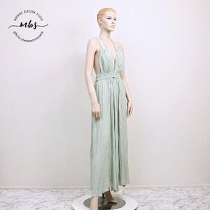 NWT Hersy Boho Chic Deep V Strappy‎ Back Maxi Dress Green Women L